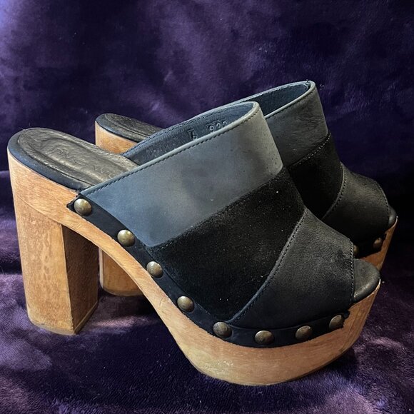 Five Worlds Shoes - Black and Gray Women's Mules with Wooden Heel